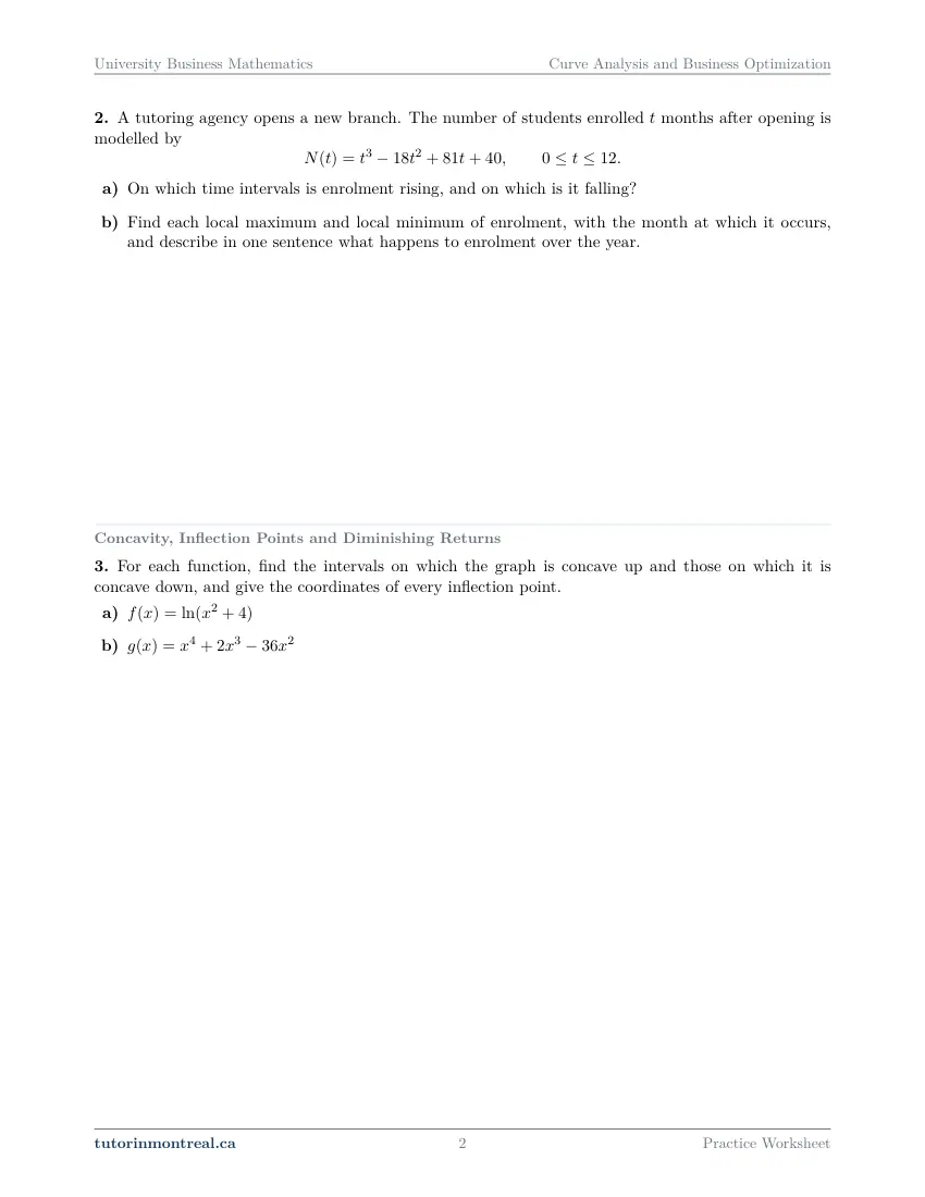 Page 2 of the University Business Math Curve Analysis and Business Optimization practice worksheet