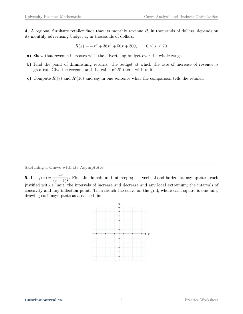 Page 3 of the University Business Math Curve Analysis and Business Optimization practice worksheet