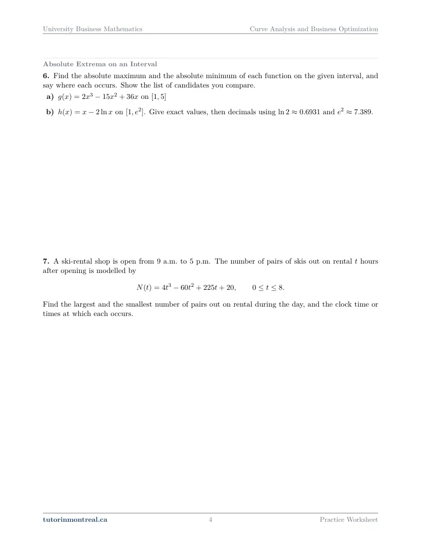 Page 4 of the University Business Math Curve Analysis and Business Optimization practice worksheet