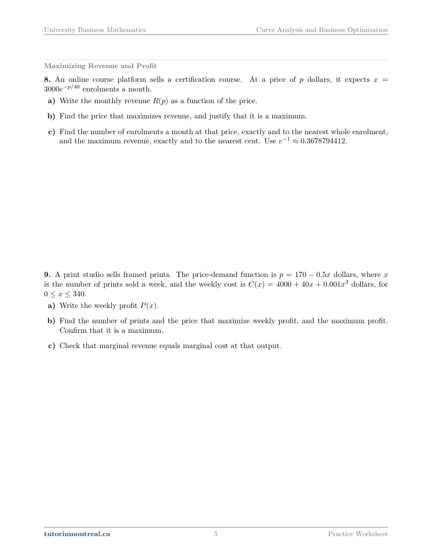 Page 5 of the University Business Math Curve Analysis and Business Optimization practice worksheet