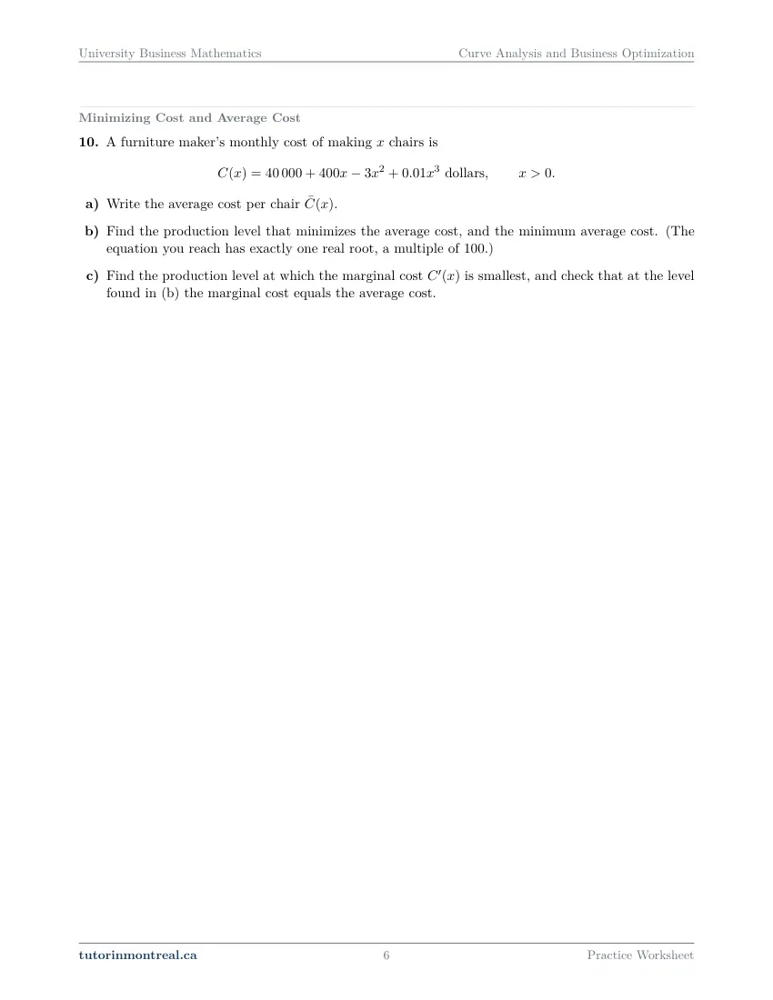 Page 6 of the University Business Math Curve Analysis and Business Optimization practice worksheet