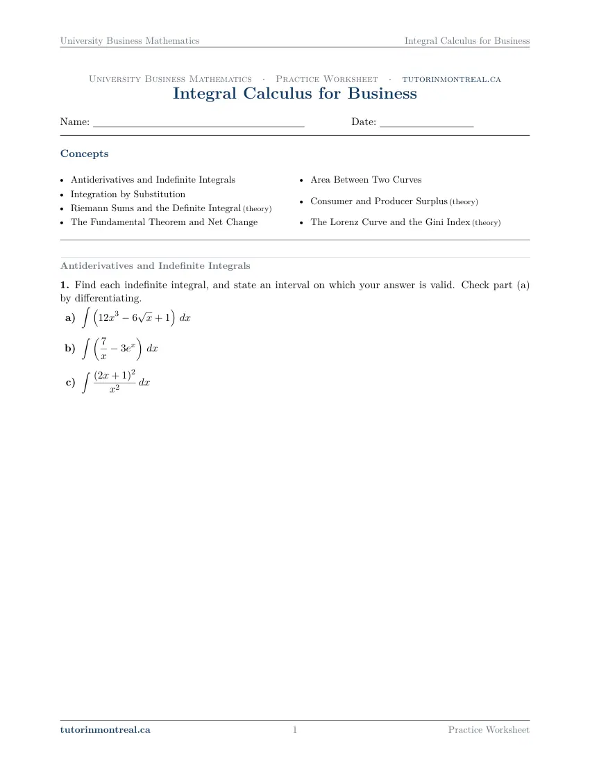 Page 1 of the University Business Math Integral Calculus for Business practice worksheet