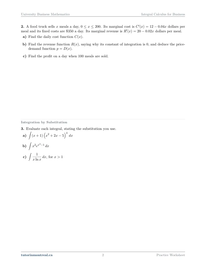 Page 2 of the University Business Math Integral Calculus for Business practice worksheet