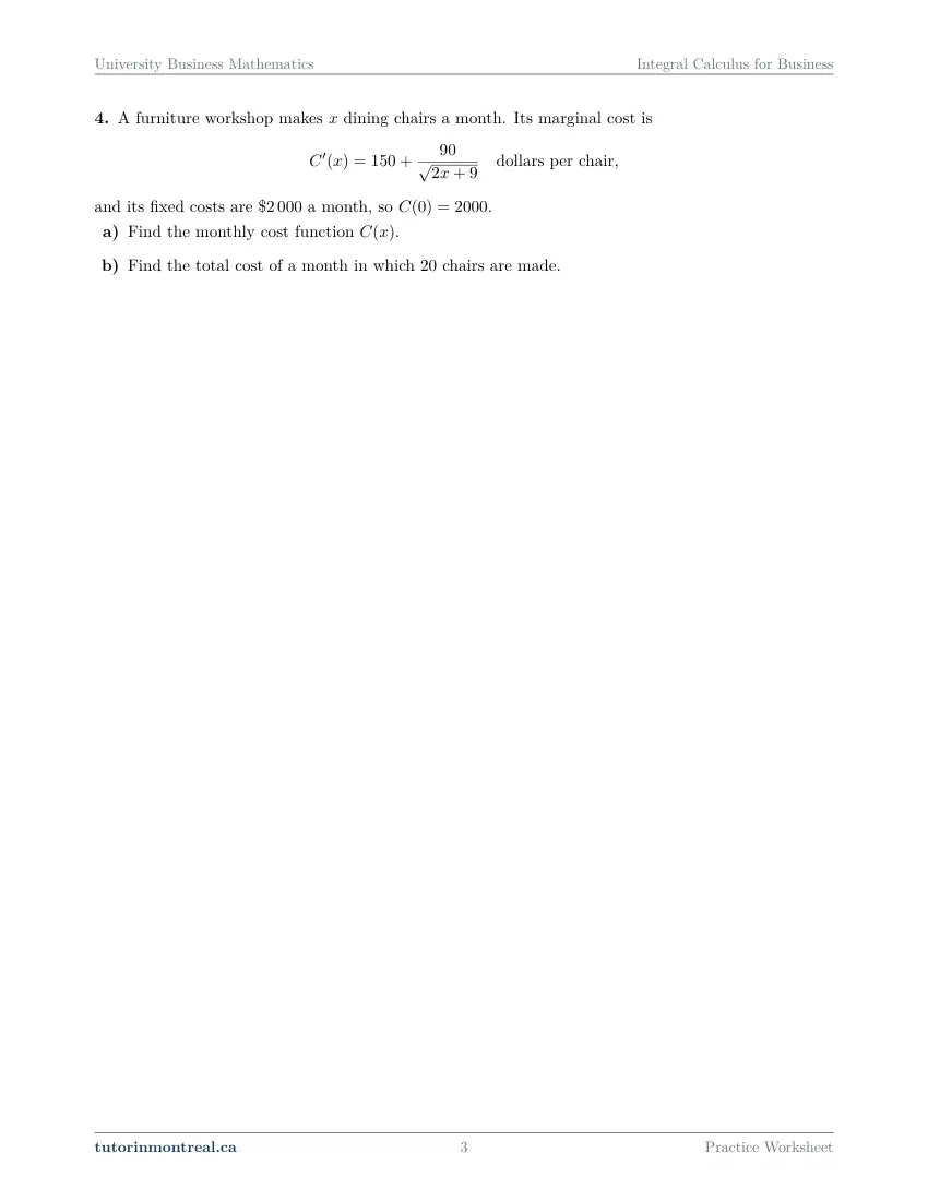 Page 3 of the University Business Math Integral Calculus for Business practice worksheet