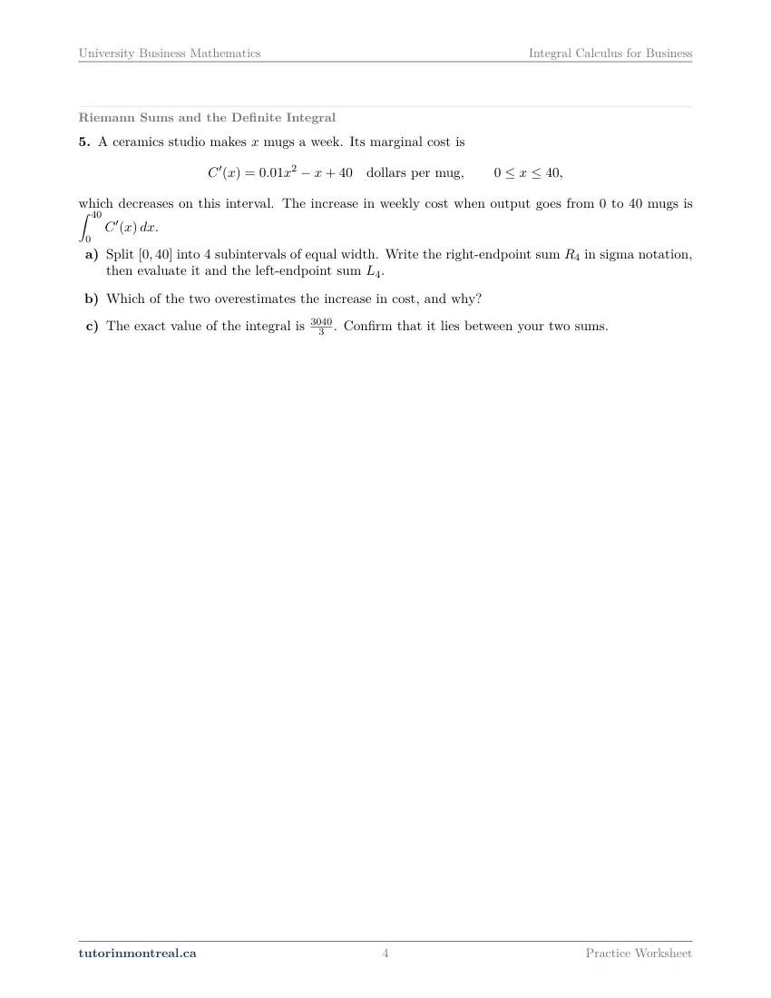 Page 4 of the University Business Math Integral Calculus for Business practice worksheet