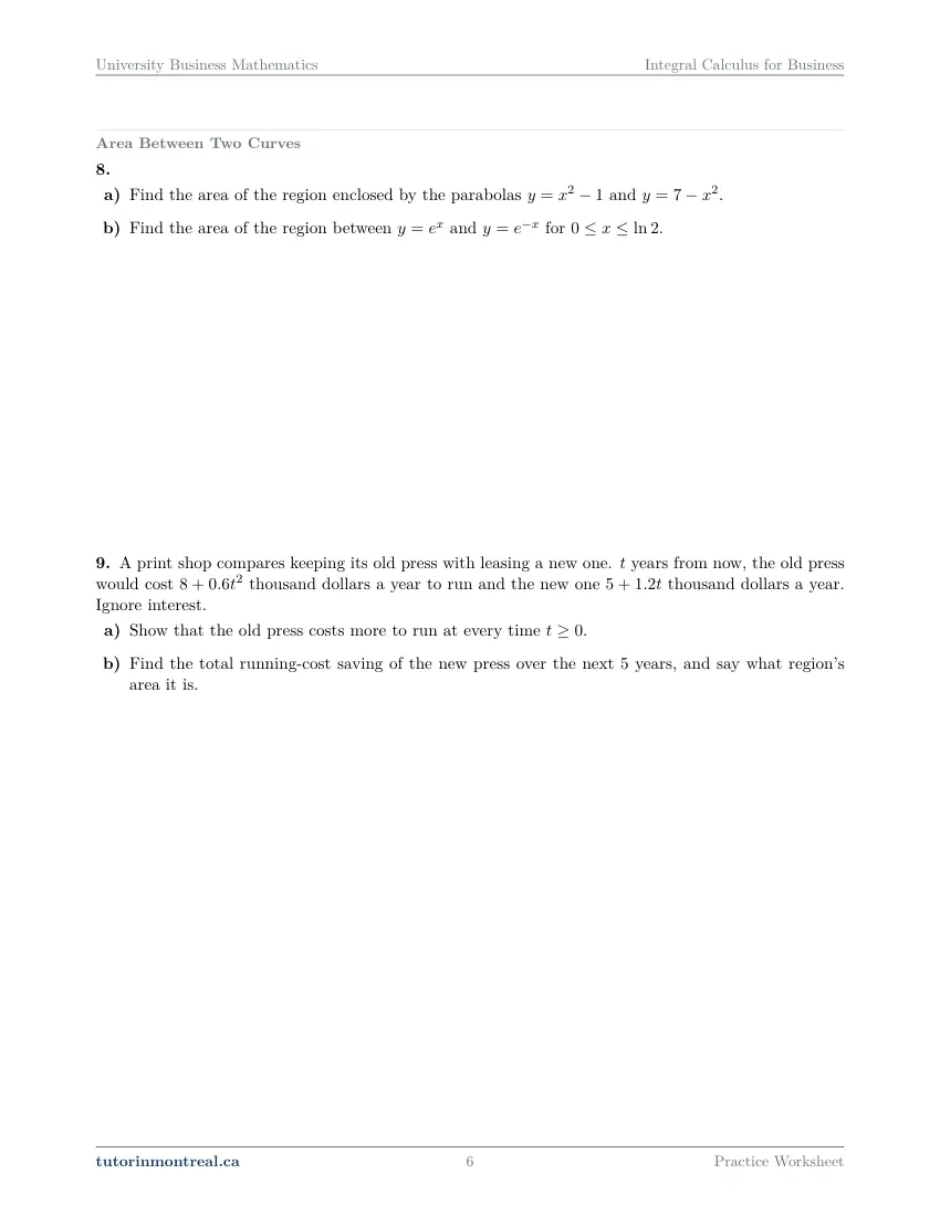 Page 6 of the University Business Math Integral Calculus for Business practice worksheet