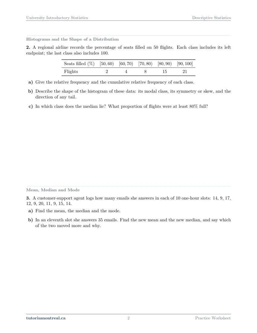 Page 2 of the University Introductory Statistics Descriptive Statistics practice worksheet