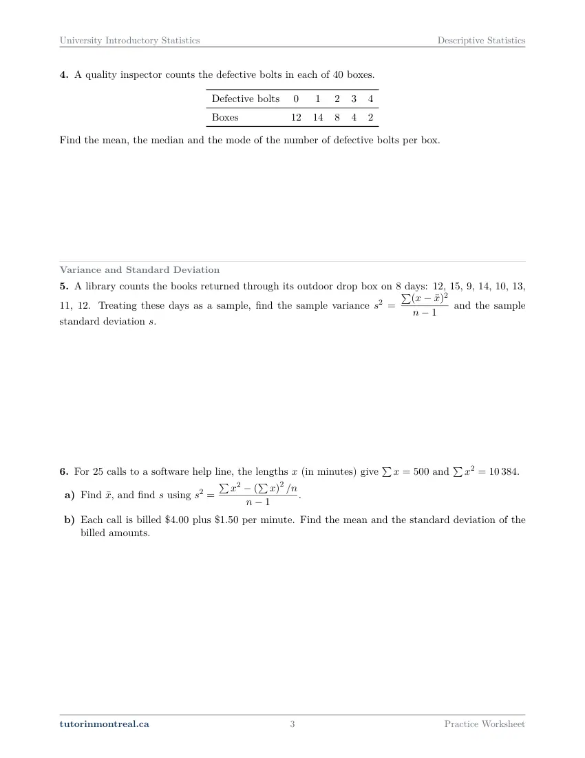 Page 3 of the University Introductory Statistics Descriptive Statistics practice worksheet