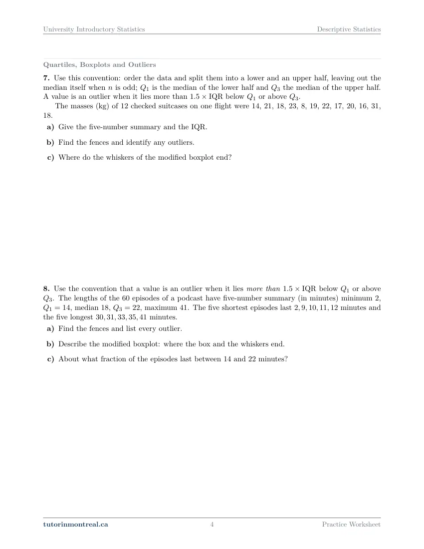Page 4 of the University Introductory Statistics Descriptive Statistics practice worksheet