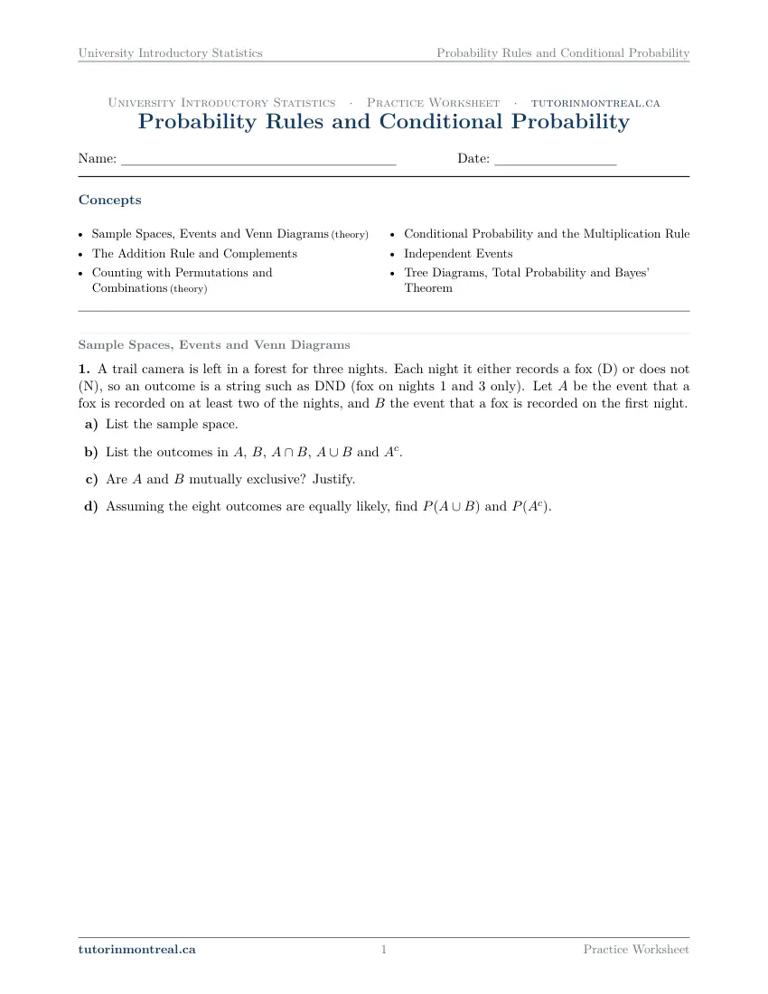 Page 1 of the University Introductory Statistics Probability Rules and Conditional Probability practice worksheet