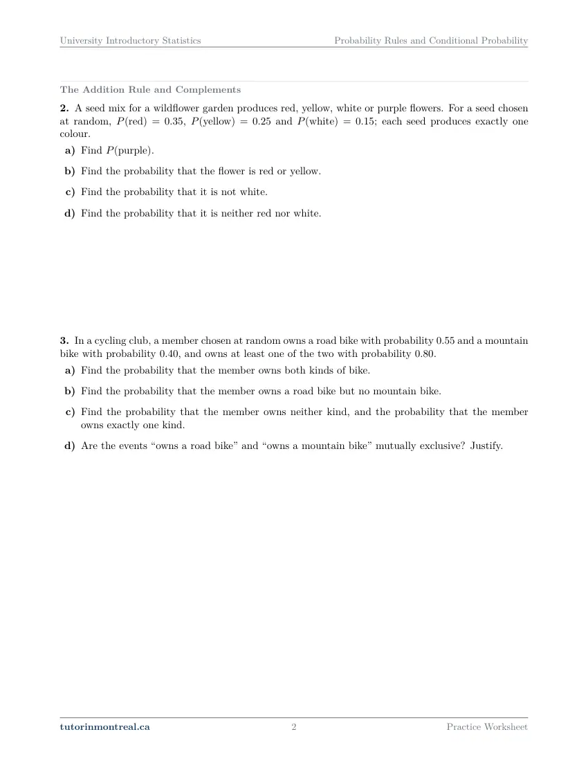 Page 2 of the University Introductory Statistics Probability Rules and Conditional Probability practice worksheet