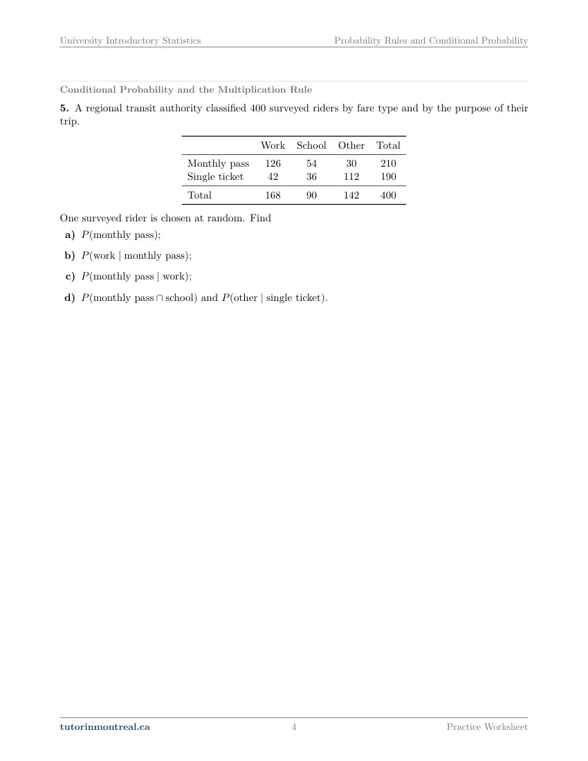 Page 4 of the University Introductory Statistics Probability Rules and Conditional Probability practice worksheet