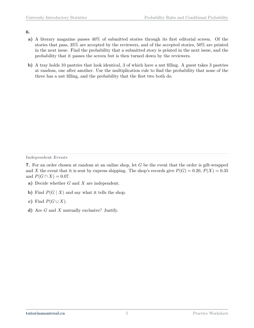 Page 5 of the University Introductory Statistics Probability Rules and Conditional Probability practice worksheet