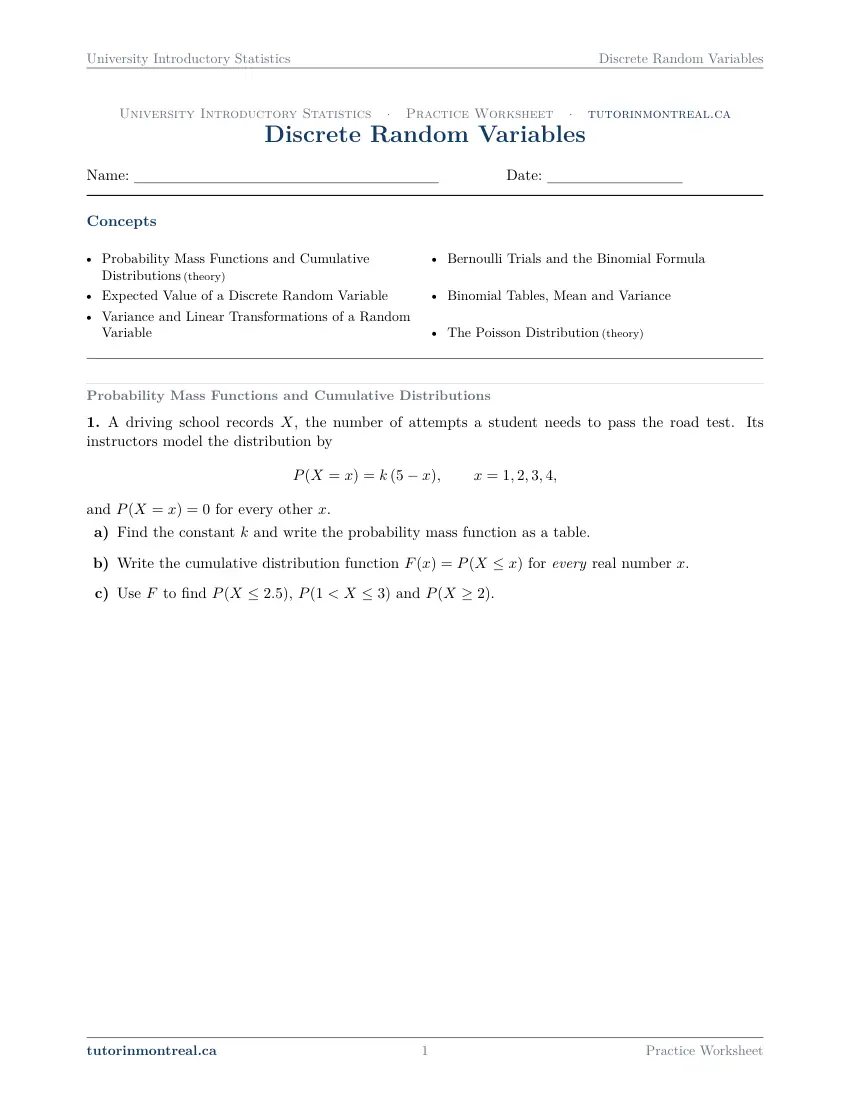 Page 1 of the University Introductory Statistics Discrete Random Variables practice worksheet