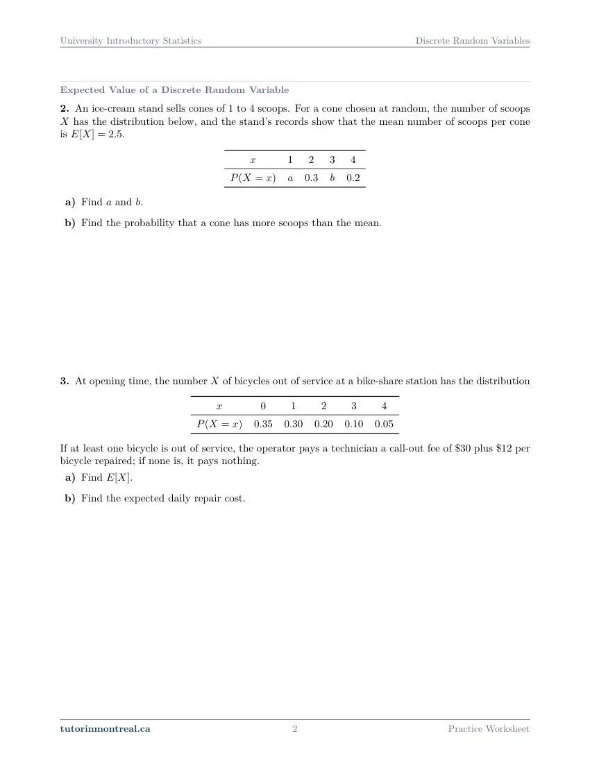 Page 2 of the University Introductory Statistics Discrete Random Variables practice worksheet