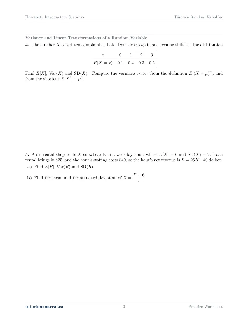 Page 3 of the University Introductory Statistics Discrete Random Variables practice worksheet