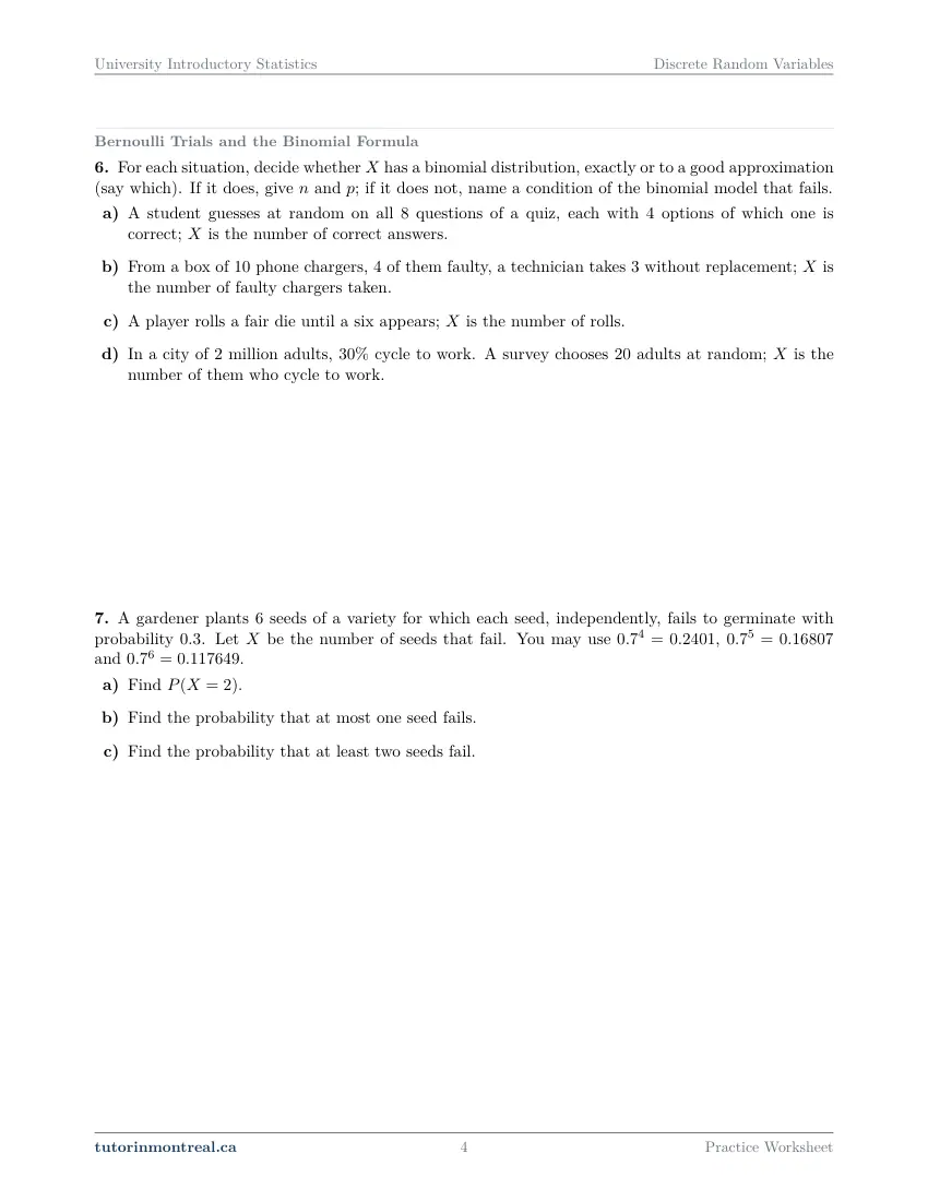 Page 4 of the University Introductory Statistics Discrete Random Variables practice worksheet