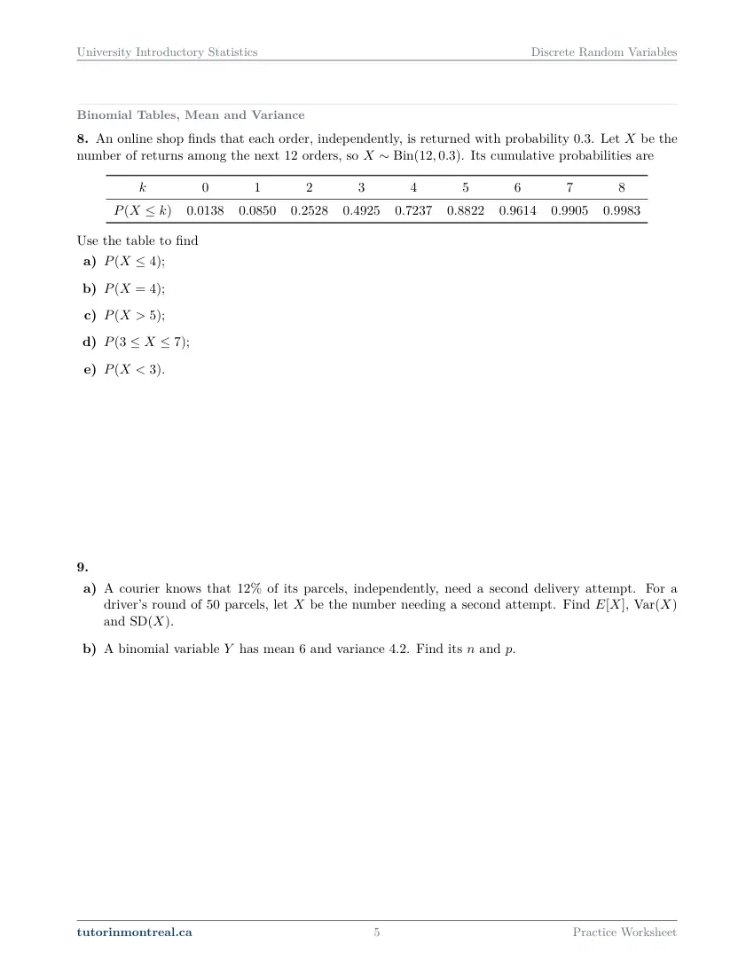 Page 5 of the University Introductory Statistics Discrete Random Variables practice worksheet