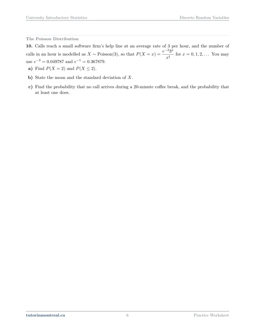 Page 6 of the University Introductory Statistics Discrete Random Variables practice worksheet