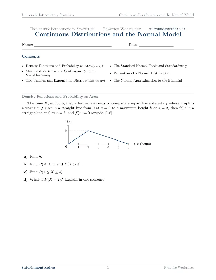 Page 1 of the University Introductory Statistics Continuous Distributions and the Normal Model practice worksheet