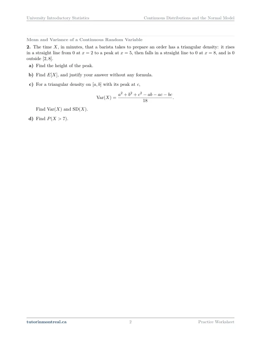 Page 2 of the University Introductory Statistics Continuous Distributions and the Normal Model practice worksheet
