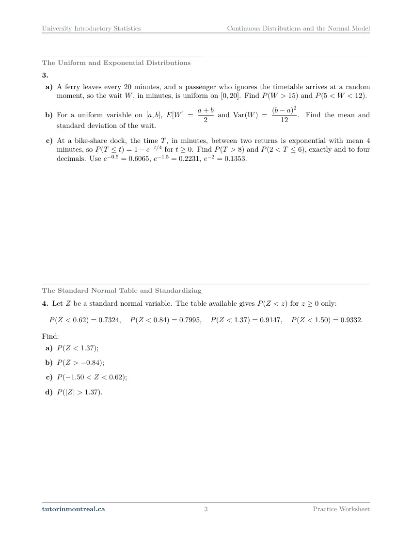 Page 3 of the University Introductory Statistics Continuous Distributions and the Normal Model practice worksheet