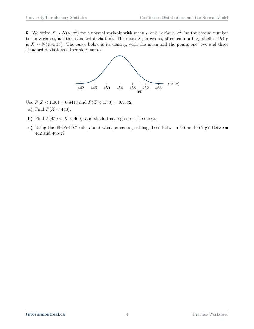 Page 4 of the University Introductory Statistics Continuous Distributions and the Normal Model practice worksheet