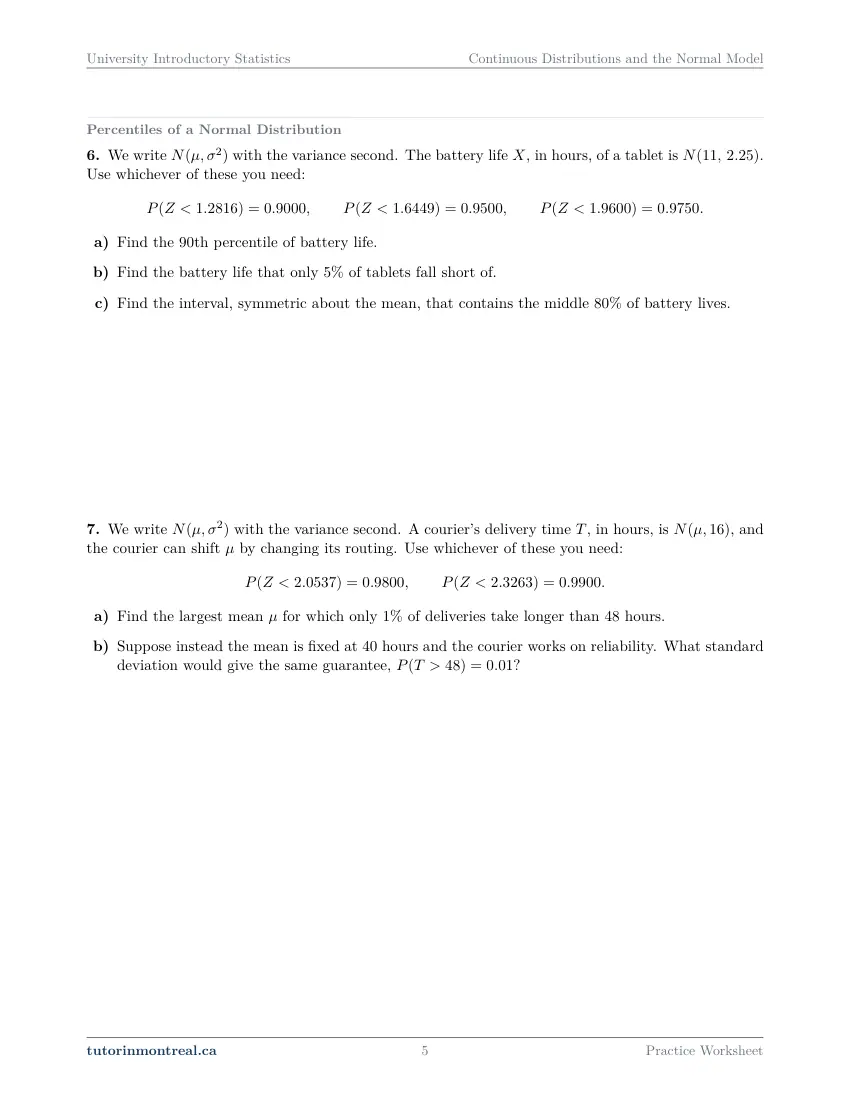 Page 5 of the University Introductory Statistics Continuous Distributions and the Normal Model practice worksheet