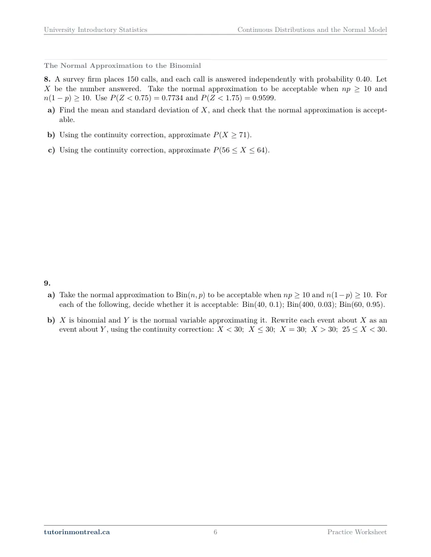 Page 6 of the University Introductory Statistics Continuous Distributions and the Normal Model practice worksheet