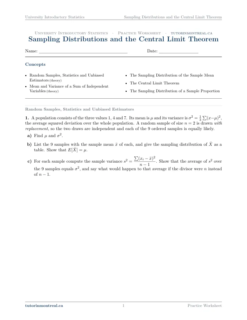 Page 1 of the University Introductory Statistics Sampling Distributions and the Central Limit Theorem practice worksheet