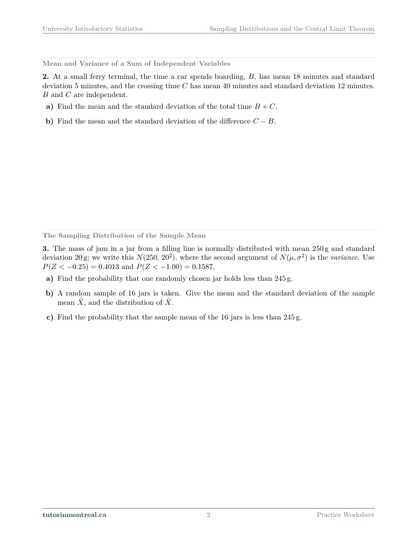 Page 2 of the University Introductory Statistics Sampling Distributions and the Central Limit Theorem practice worksheet