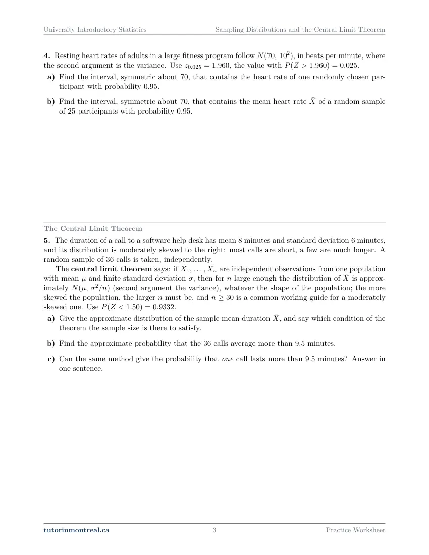 Page 3 of the University Introductory Statistics Sampling Distributions and the Central Limit Theorem practice worksheet