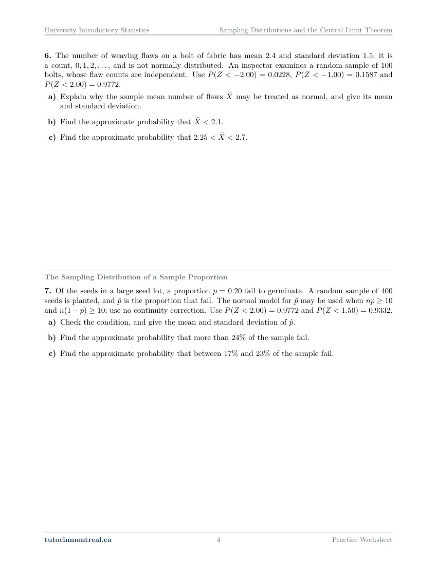Page 4 of the University Introductory Statistics Sampling Distributions and the Central Limit Theorem practice worksheet