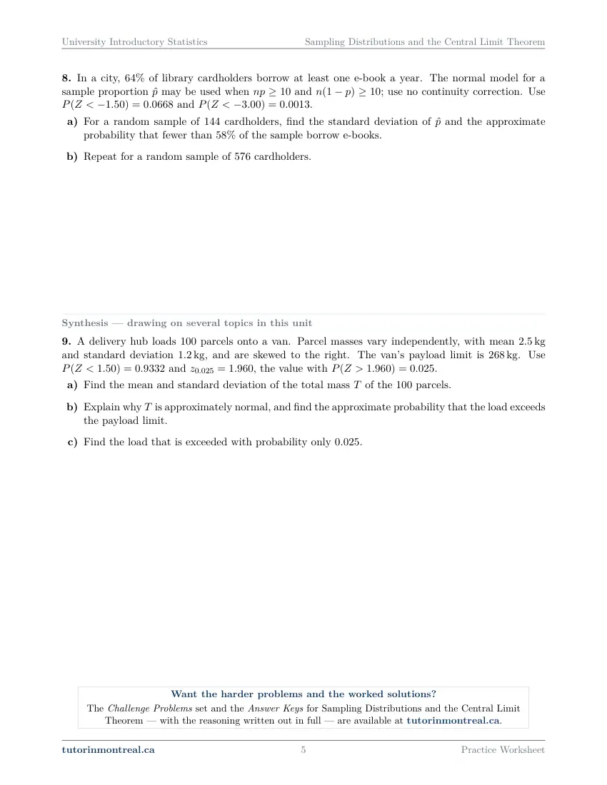 Page 5 of the University Introductory Statistics Sampling Distributions and the Central Limit Theorem practice worksheet