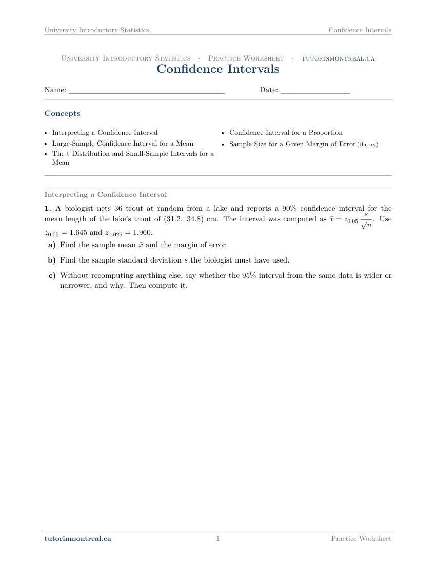 Page 1 of the University Introductory Statistics Confidence Intervals practice worksheet