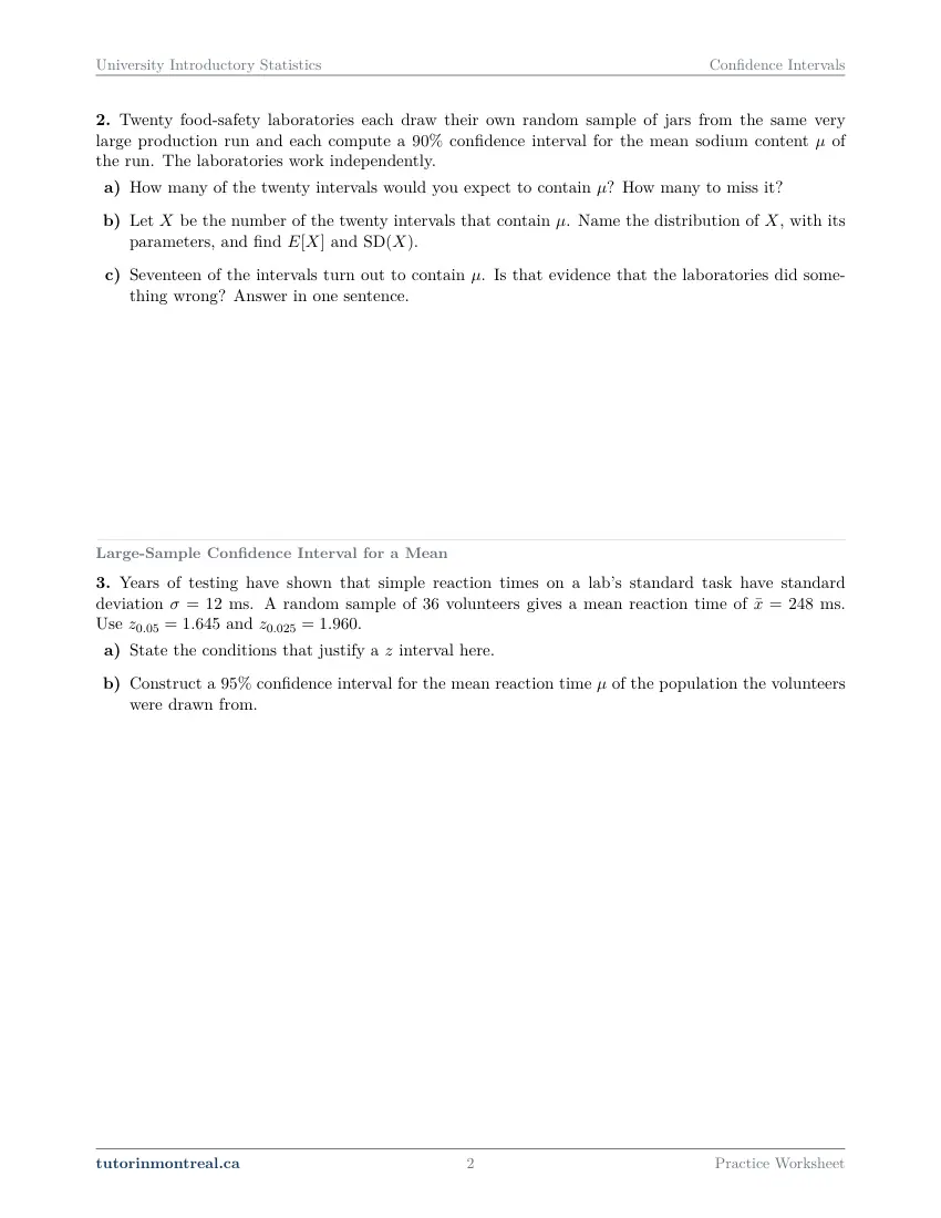 Page 2 of the University Introductory Statistics Confidence Intervals practice worksheet