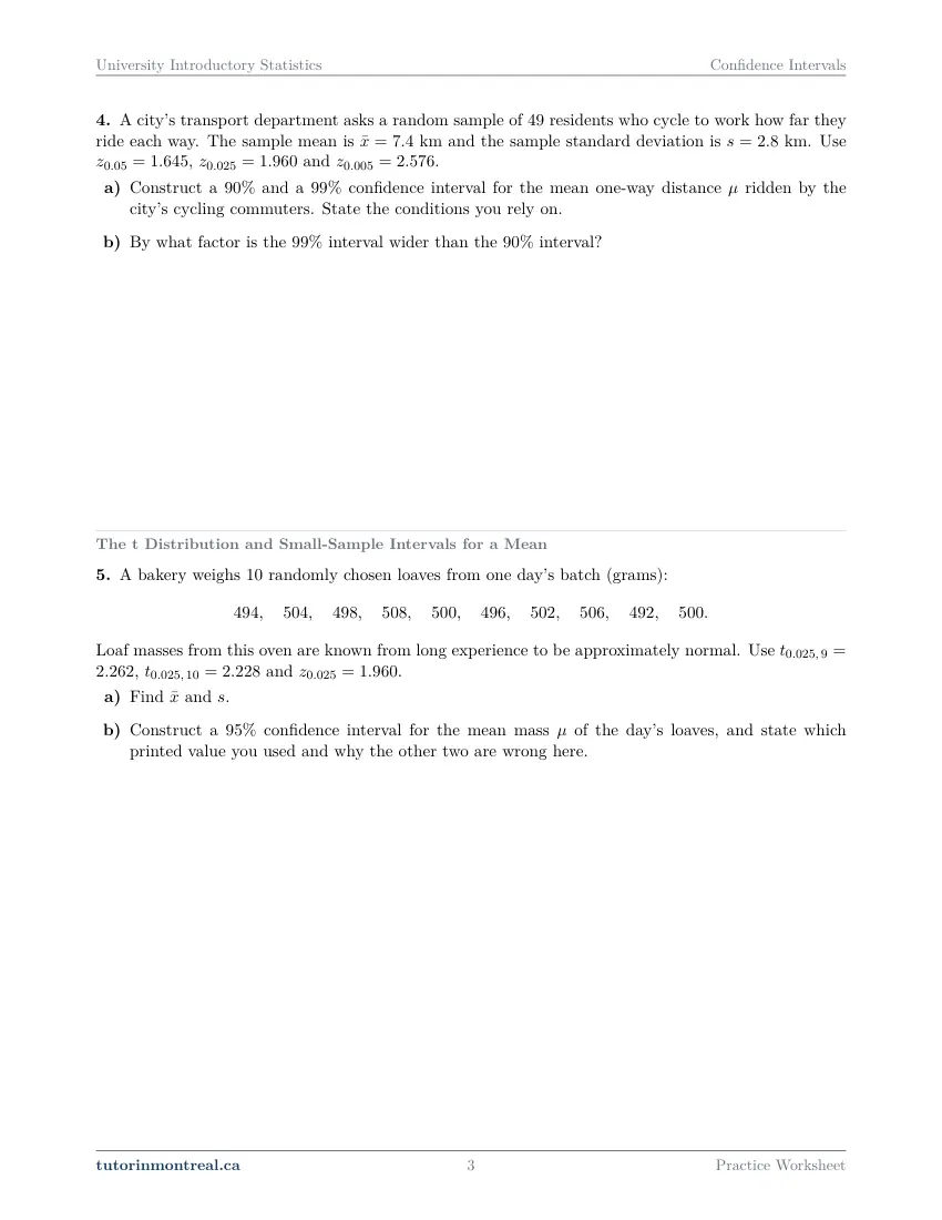Page 3 of the University Introductory Statistics Confidence Intervals practice worksheet