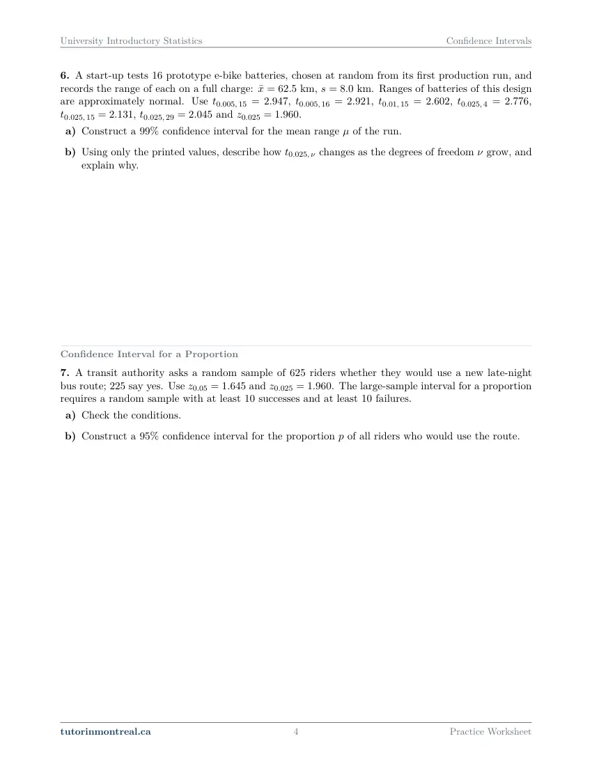 Page 4 of the University Introductory Statistics Confidence Intervals practice worksheet