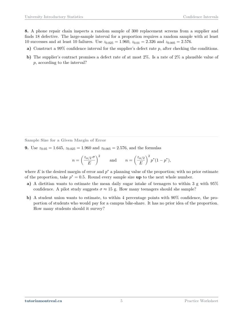 Page 5 of the University Introductory Statistics Confidence Intervals practice worksheet