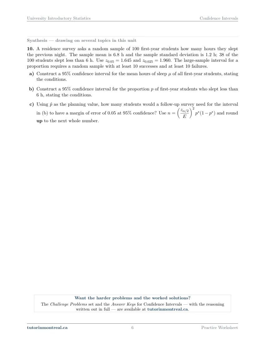 Page 6 of the University Introductory Statistics Confidence Intervals practice worksheet