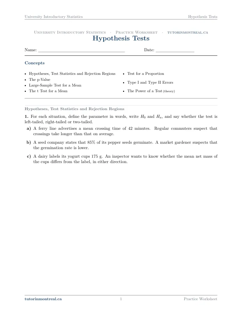 Page 1 of the University Introductory Statistics Hypothesis Tests practice worksheet