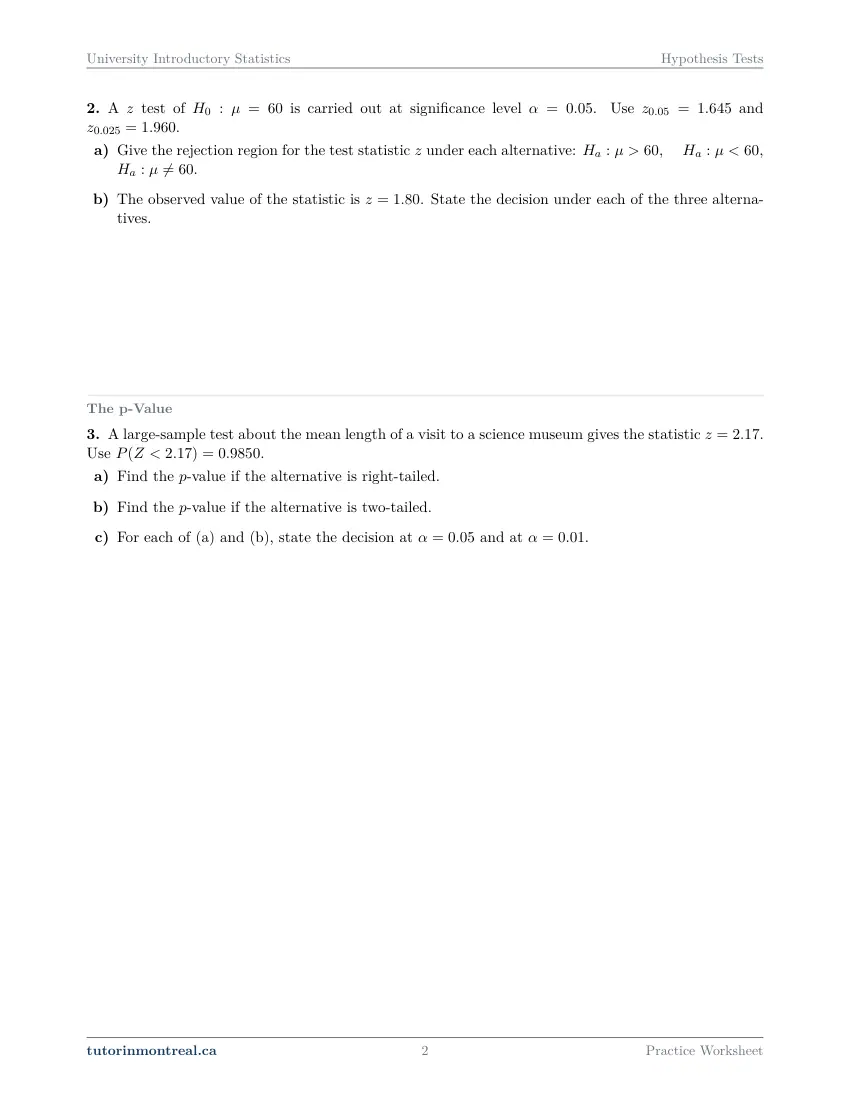 Page 2 of the University Introductory Statistics Hypothesis Tests practice worksheet