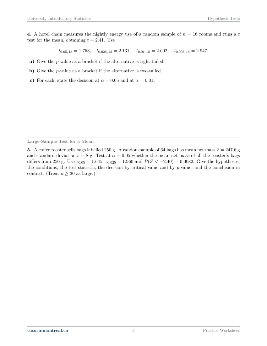 Page 3 of the University Introductory Statistics Hypothesis Tests practice worksheet