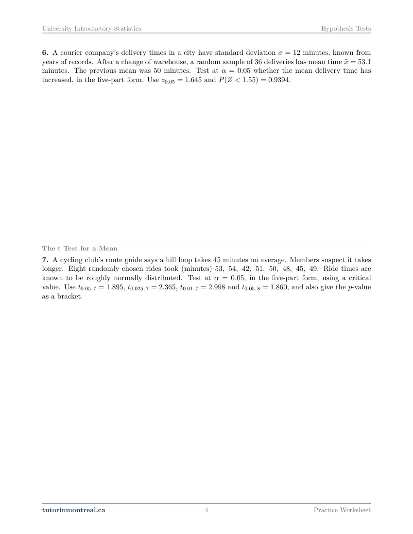 Page 4 of the University Introductory Statistics Hypothesis Tests practice worksheet