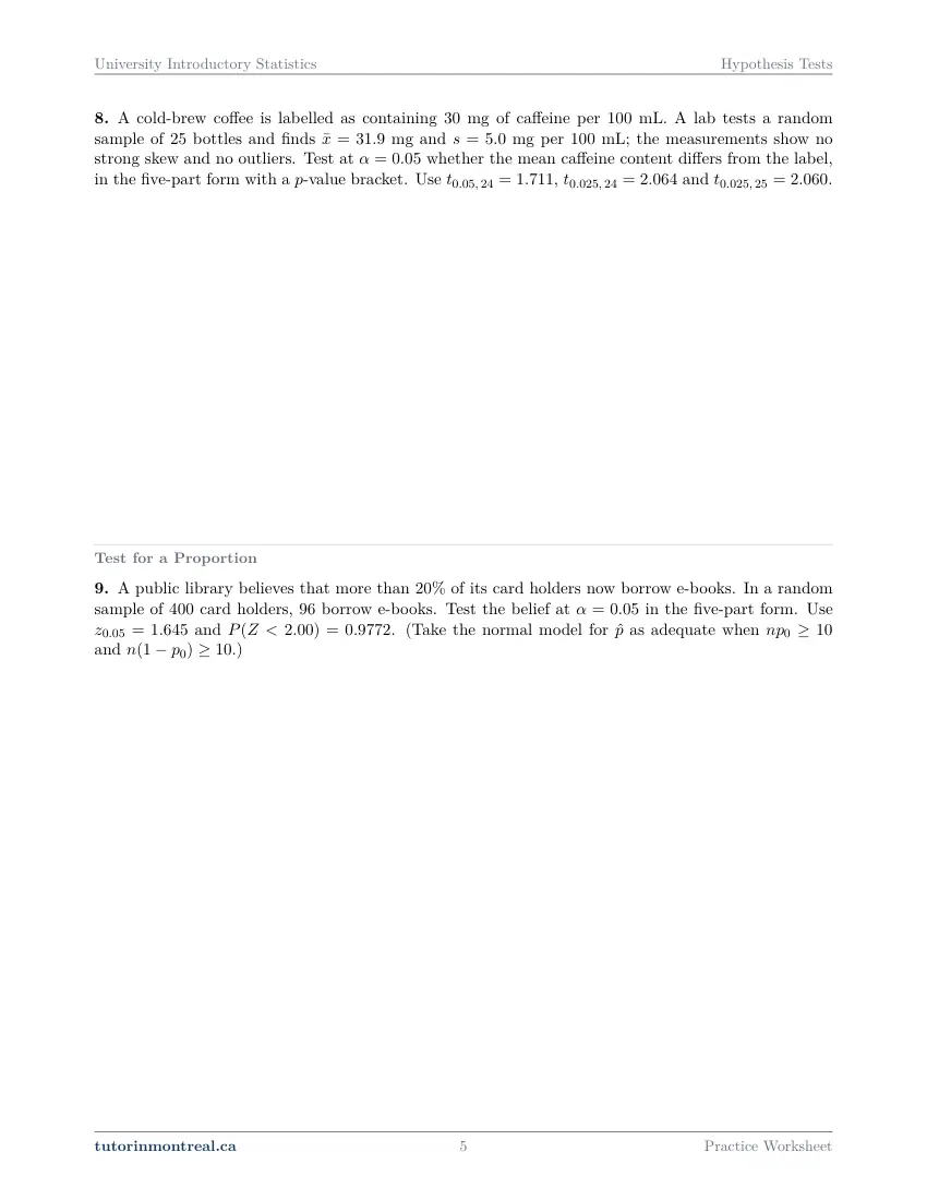 Page 5 of the University Introductory Statistics Hypothesis Tests practice worksheet