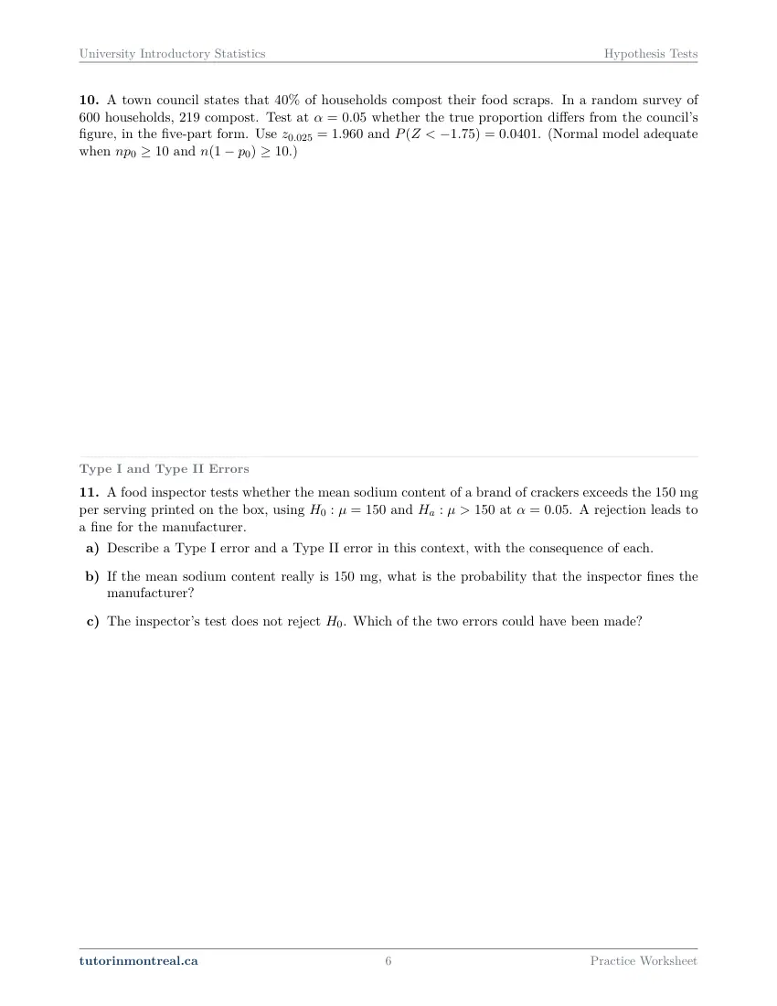 Page 6 of the University Introductory Statistics Hypothesis Tests practice worksheet