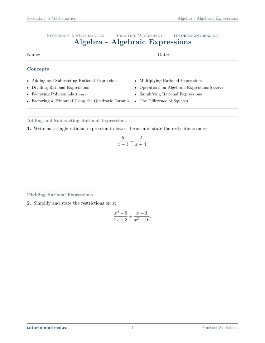 Page 1 of the Secondary 5 Math Algebraic Expressions practice worksheet
