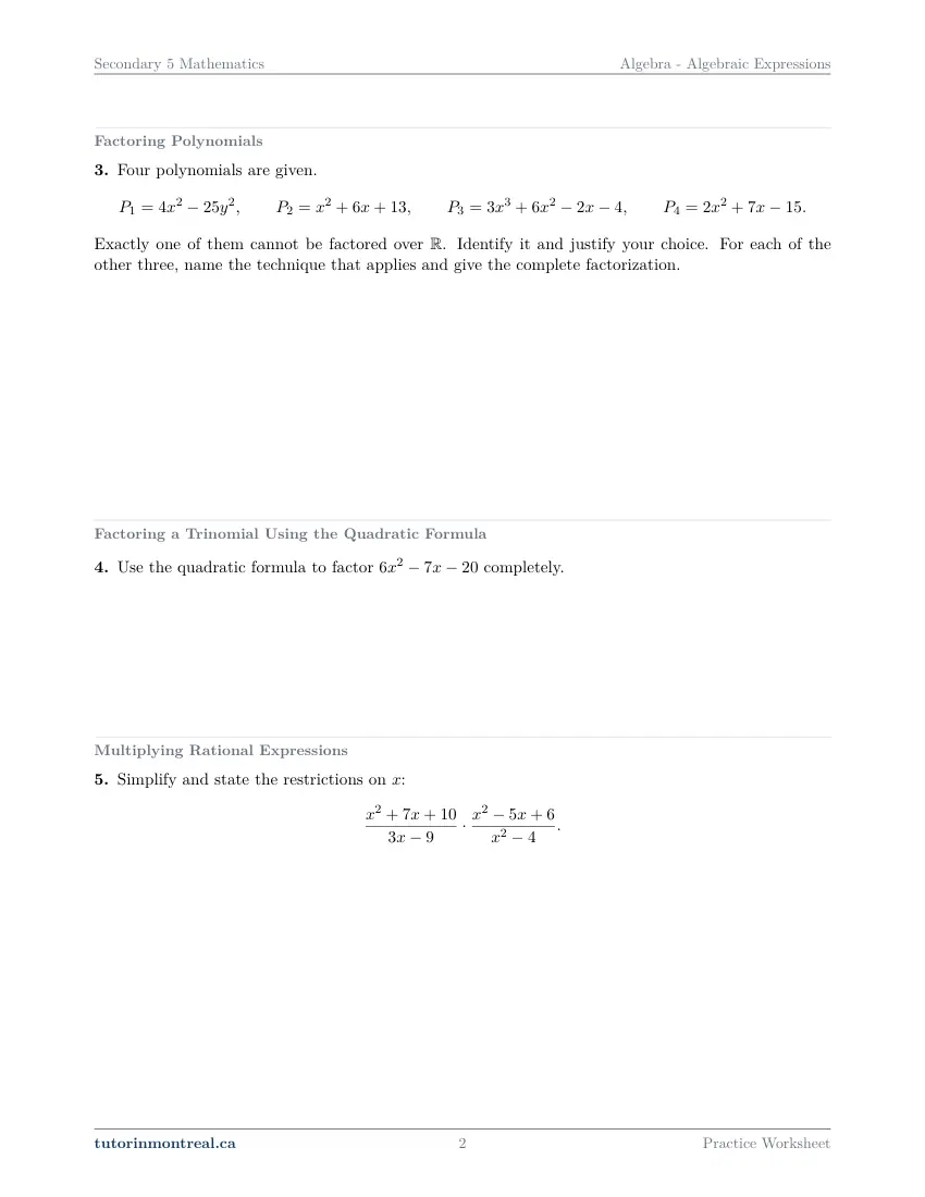 Page 2 of the Secondary 5 Math Algebraic Expressions practice worksheet