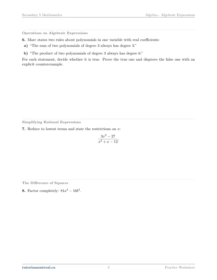 Page 3 of the Secondary 5 Math Algebraic Expressions practice worksheet