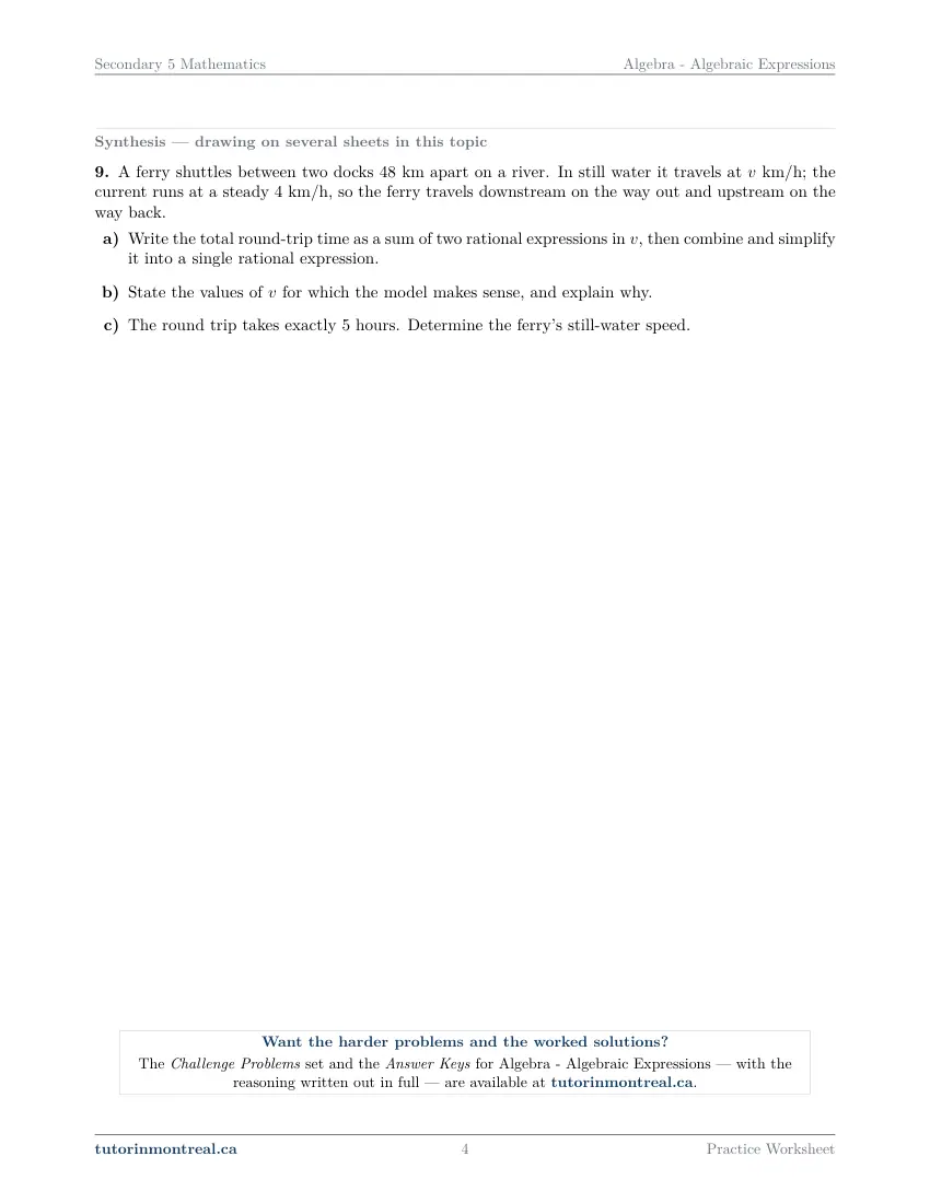 Page 4 of the Secondary 5 Math Algebraic Expressions practice worksheet